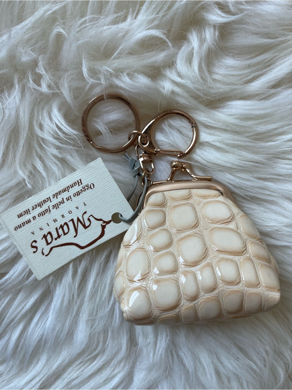 NWT Mara’s Handmade Leather Taormina Keychain Coinpurse Crocodile Rose Gold